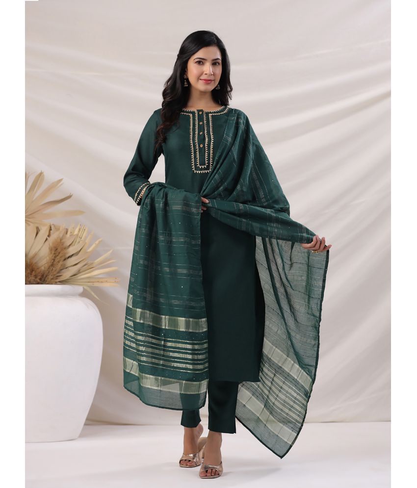     			Janasya Cotton Blend Solid Kurti With Pants Women's Stitched Salwar Suit - Dark Green ( Pack of 1 )