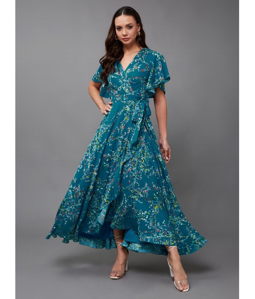     			Miss Chase Crepe Printed Full Length Women's Wrap Dress - Turquoise ( Pack of 1 )