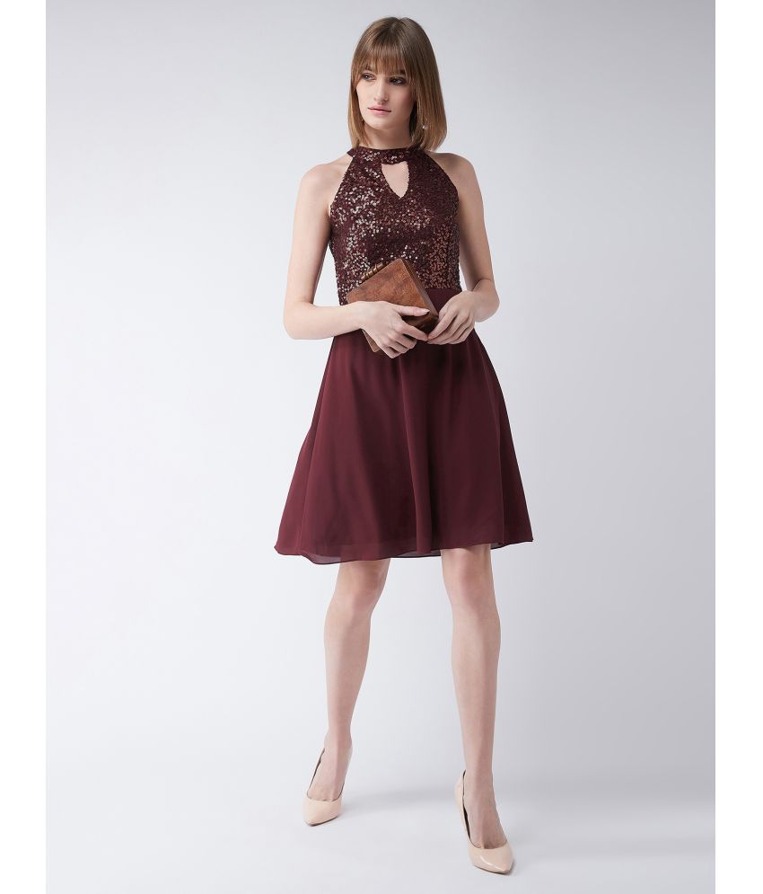     			Miss Chase Georgette Embellished Knee Length Women's Skater Dress - Maroon ( Pack of 1 )