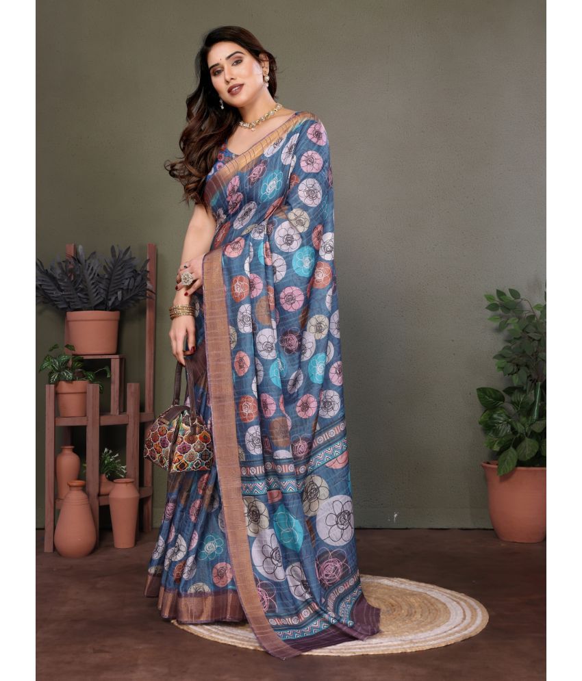     			NightBlue Pack of 1 Cotton Printed Saree With Blouse Piece ( Blue )