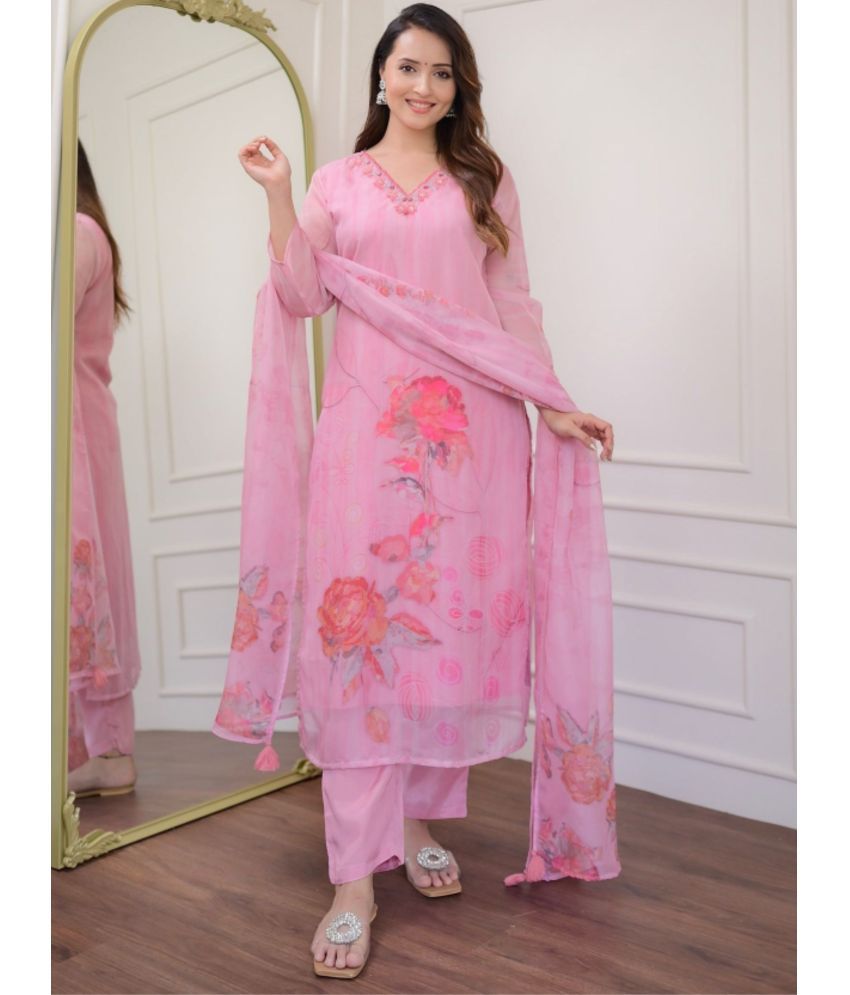     			Niza Fashion Organza Embroidered Kurti With Pants Women's Stitched Salwar Suit - Pink ( Pack of 1 )