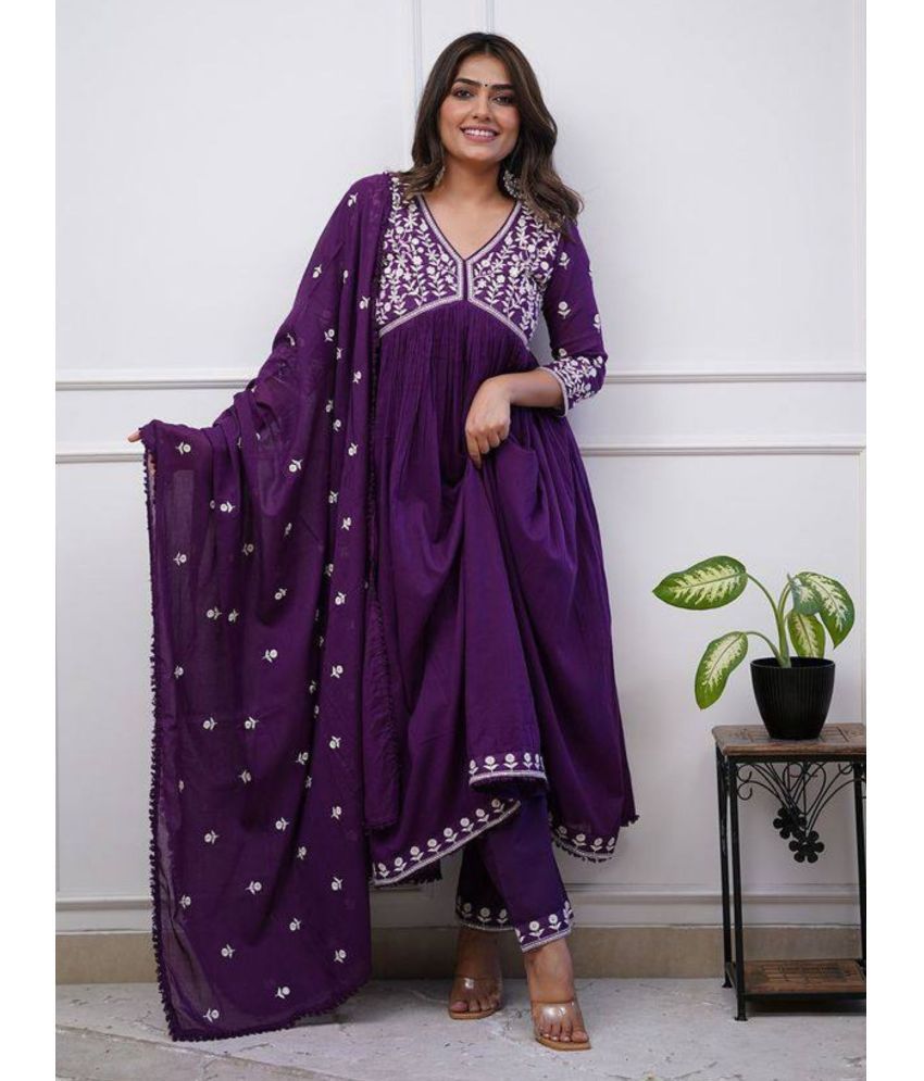     			Niza Fashion Viscose Embroidered Kurti With Pants Women's Stitched Salwar Suit - Purple ( Pack of 1 )