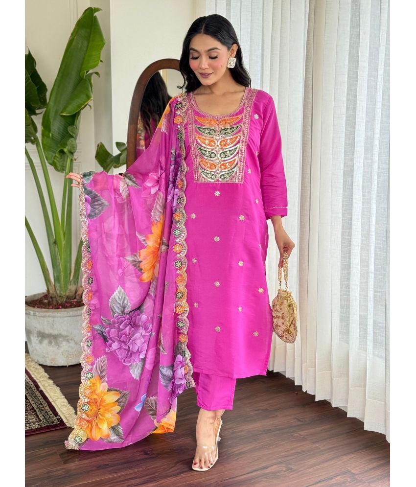     			Niza Fashion Viscose Embroidered Kurti With Pants Women's Stitched Salwar Suit - Pink ( Pack of 1 )