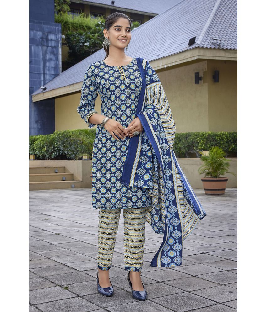     			Royal Export Cotton Blend Printed Kurti With Pants Women's Stitched Salwar Suit - Blue ( Pack of 1 )