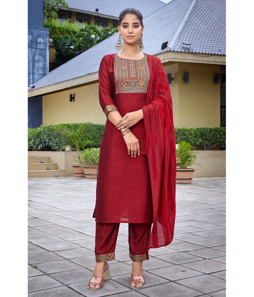     			Royal Export Silk Blend Solid Kurti With Pants Women's Stitched Salwar Suit - Red ( Pack of 1 )