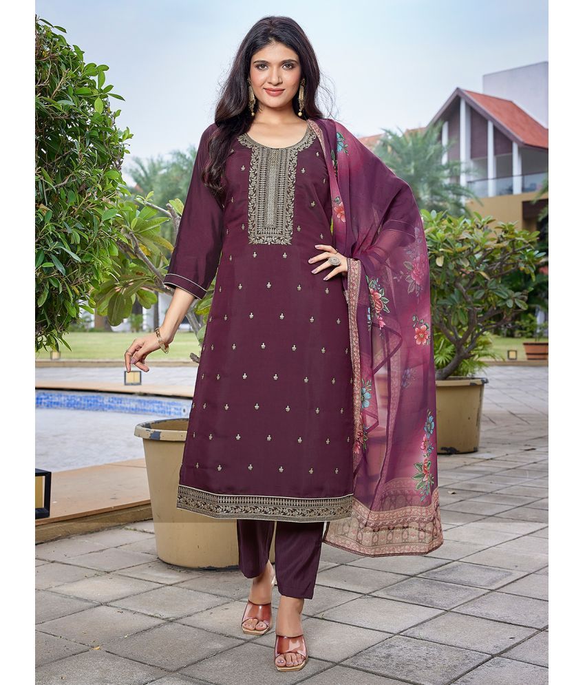     			Royal Export Viscose Embroidered Kurti With Pants Women's Stitched Salwar Suit - Wine ( Pack of 1 )