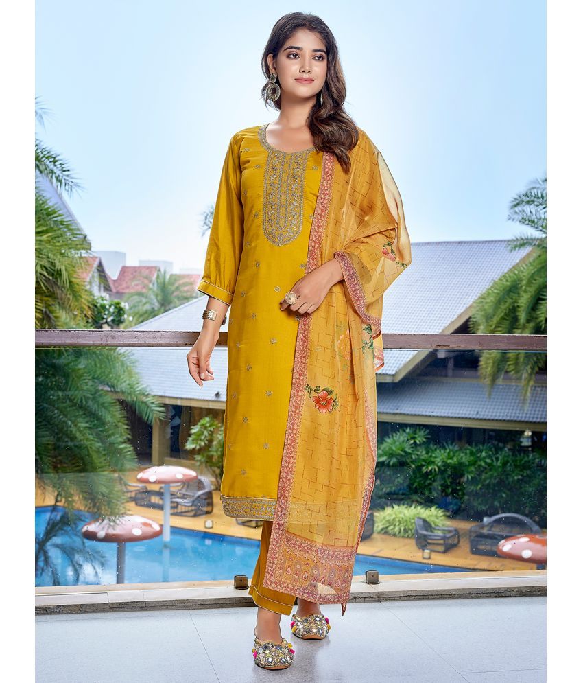     			Royal Export Viscose Embroidered Kurti With Pants Women's Stitched Salwar Suit - Yellow ( Pack of 1 )