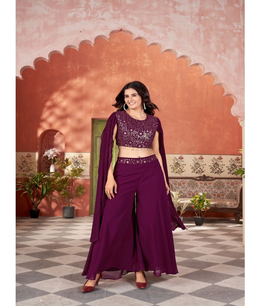     			Varni Fabrics Georgette Embellished Ethnic Top With Palazzo Women's Stitched Salwar Suit - Wine ( Pack of 1 )