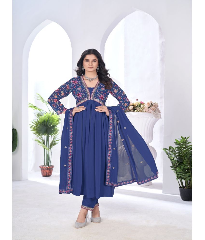     			Varni Fabrics Georgette Printed Kurti With Pants Women's Stitched Salwar Suit - Blue ( Pack of 1 )