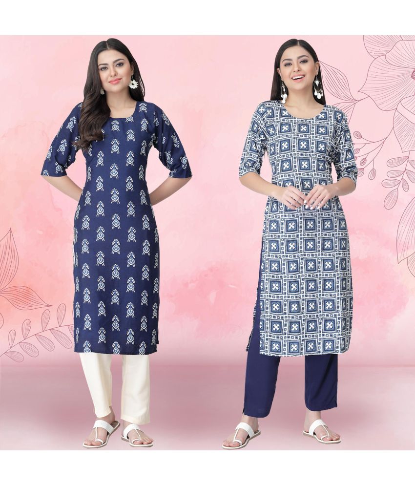     			Ethnicbasket Crepe Printed Kurti With Pants Women's Stitched Salwar Suit - Navy Blue ( Pack of 2 )