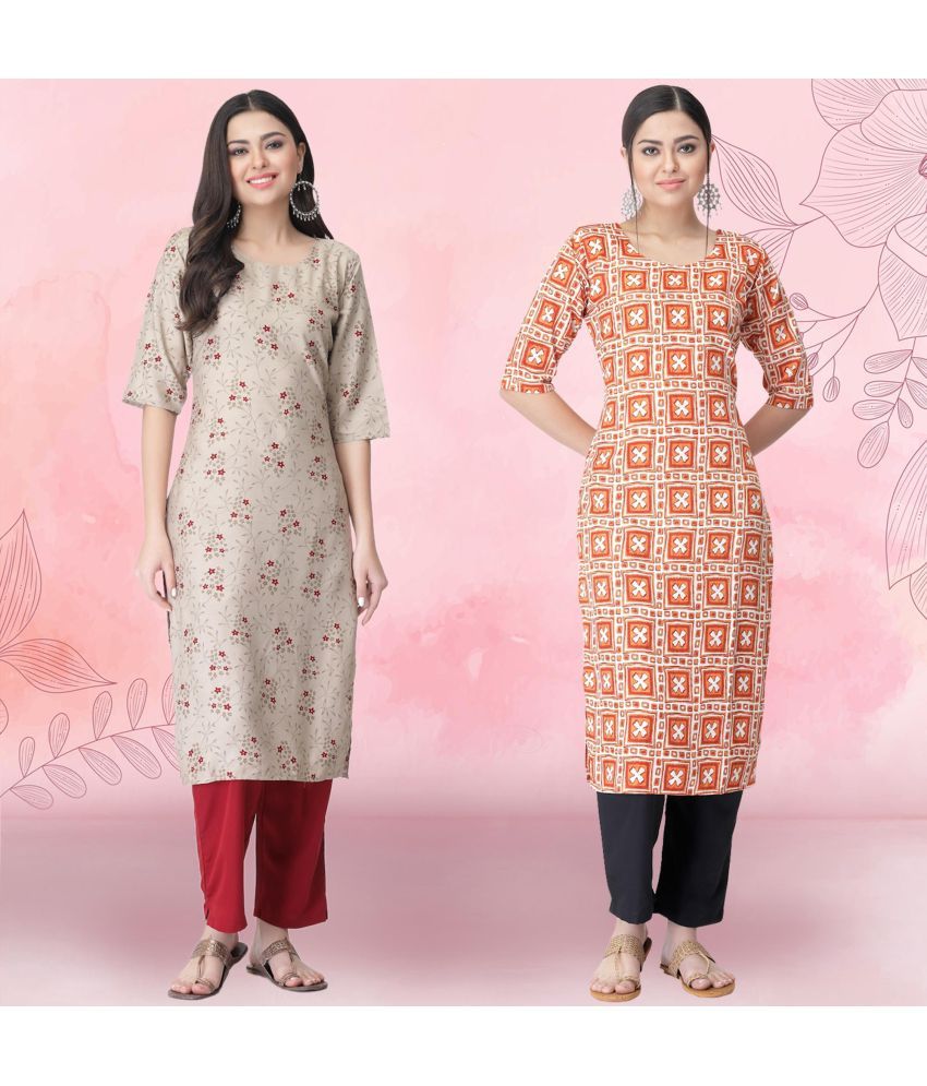     			Ethnicbasket Crepe Printed Kurti With Pants Women's Stitched Salwar Suit - Orange ( Pack of 2 )