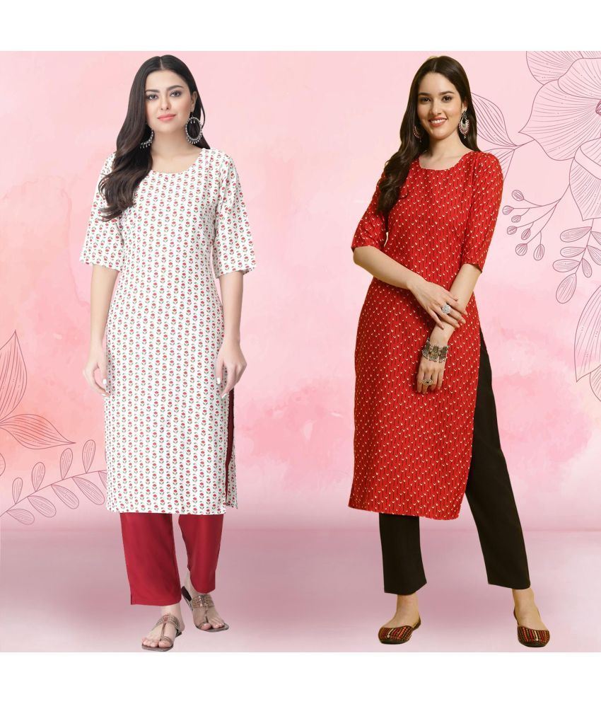     			Ethnicbasket Crepe Printed Kurti With Pants Women's Stitched Salwar Suit - Red ( Pack of 2 )