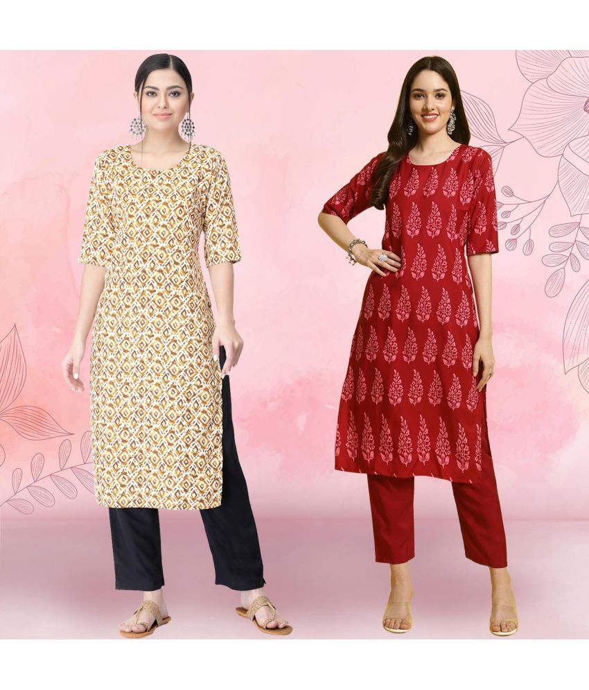     			Ethnicbasket Crepe Printed Kurti With Pants Women's Stitched Salwar Suit - Red ( Pack of 2 )