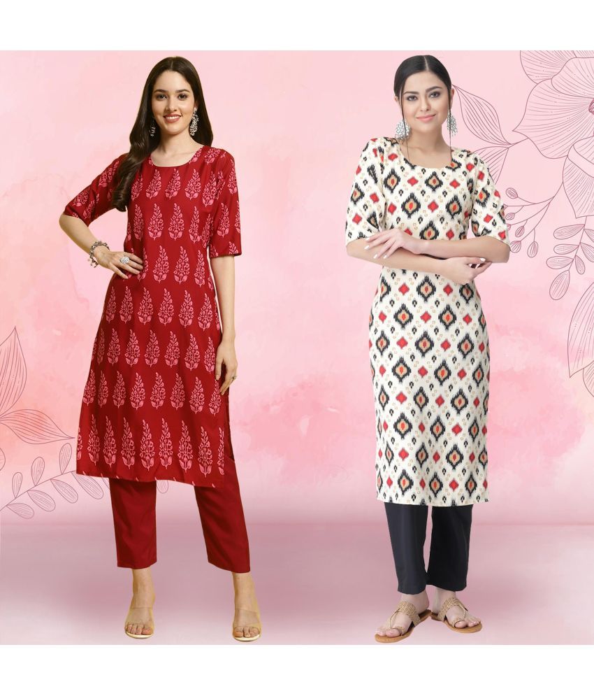     			Ethnicbasket Crepe Printed Kurti With Pants Women's Stitched Salwar Suit - White ( Pack of 2 )