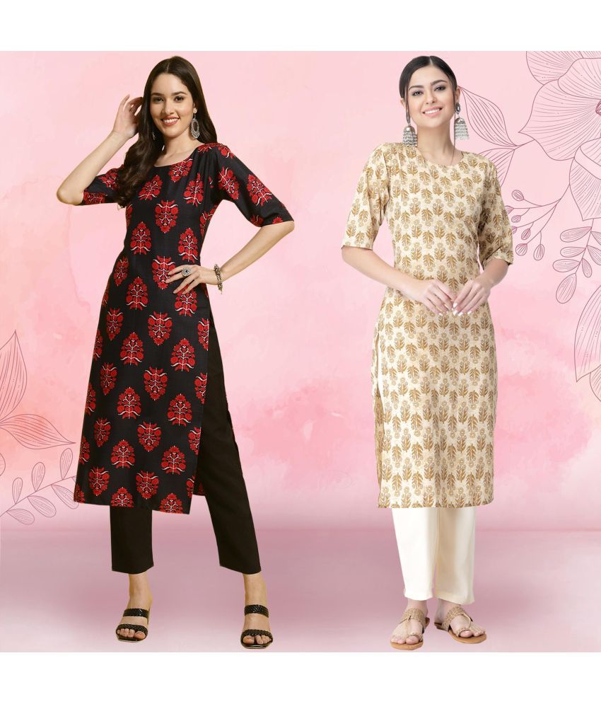     			Ethnicbasket Crepe Printed Kurti With Pants Women's Stitched Salwar Suit - Beige ( Pack of 2 )