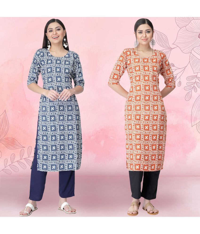     			Ethnicbasket Crepe Printed Kurti With Pants Women's Stitched Salwar Suit - Orange ( Pack of 2 )