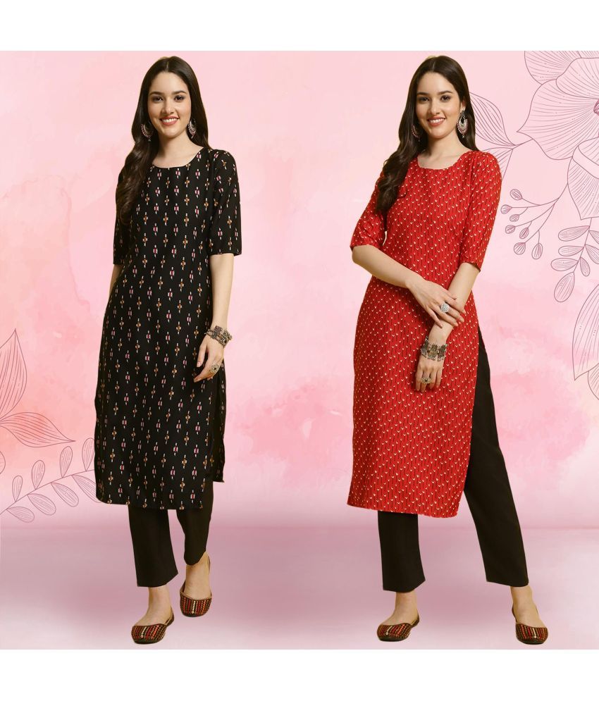     			Ethnicbasket Crepe Printed Kurti With Pants Women's Stitched Salwar Suit - Red ( Pack of 2 )