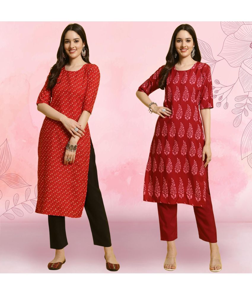     			Ethnicbasket Crepe Printed Kurti With Pants Women's Stitched Salwar Suit - Red ( Pack of 2 )