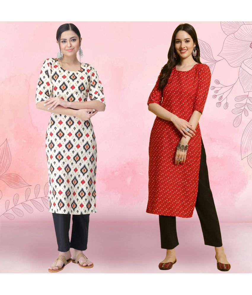     			Ethnicbasket Crepe Printed Kurti With Pants Women's Stitched Salwar Suit - Red ( Pack of 2 )