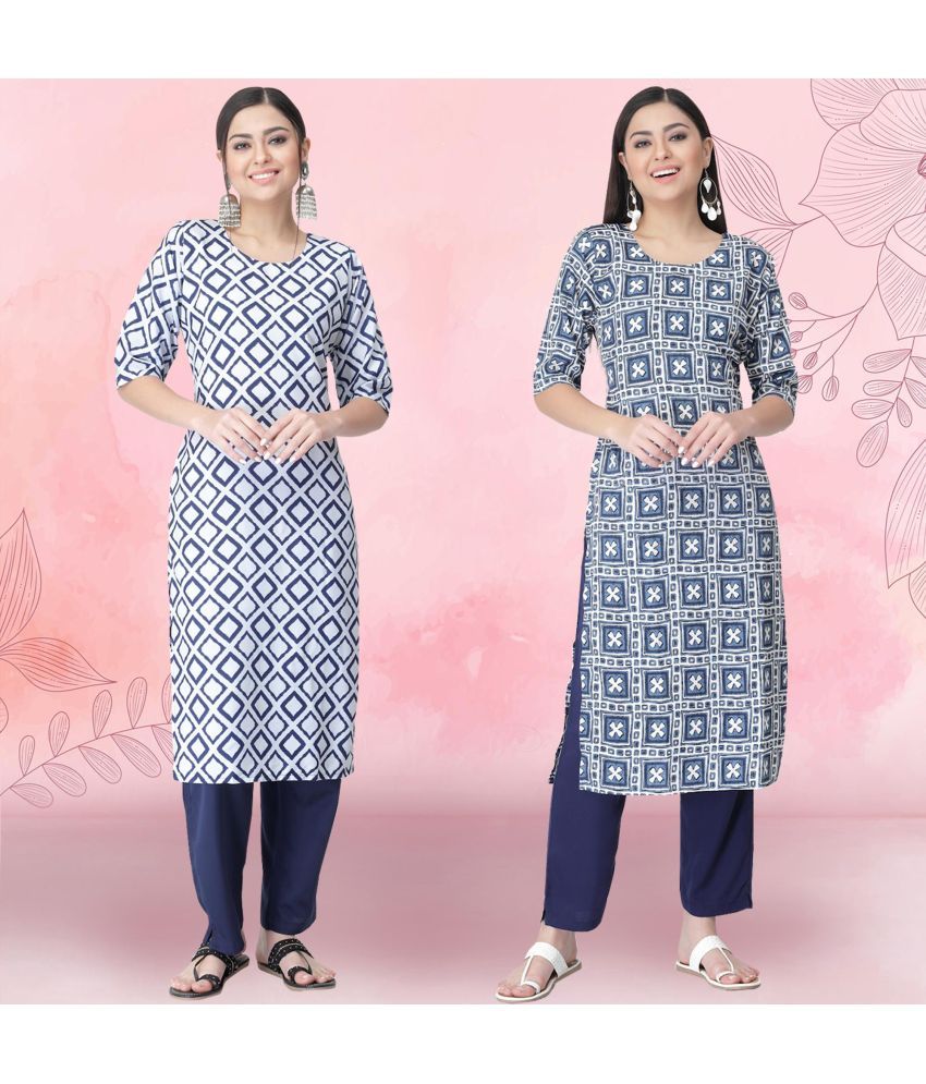     			Ethnicbasket Crepe Printed Kurti With Pants Women's Stitched Salwar Suit - Navy Blue ( Pack of 2 )