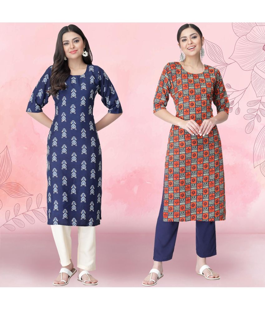     			Ethnicbasket Crepe Printed Kurti With Pants Women's Stitched Salwar Suit - Orange ( Pack of 2 )