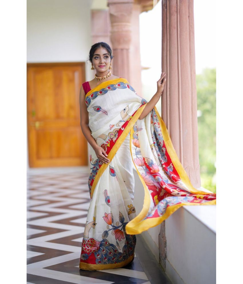     			Pheasant Pack of 1 Cotton Blend Printed Saree With Blouse Piece ( White )