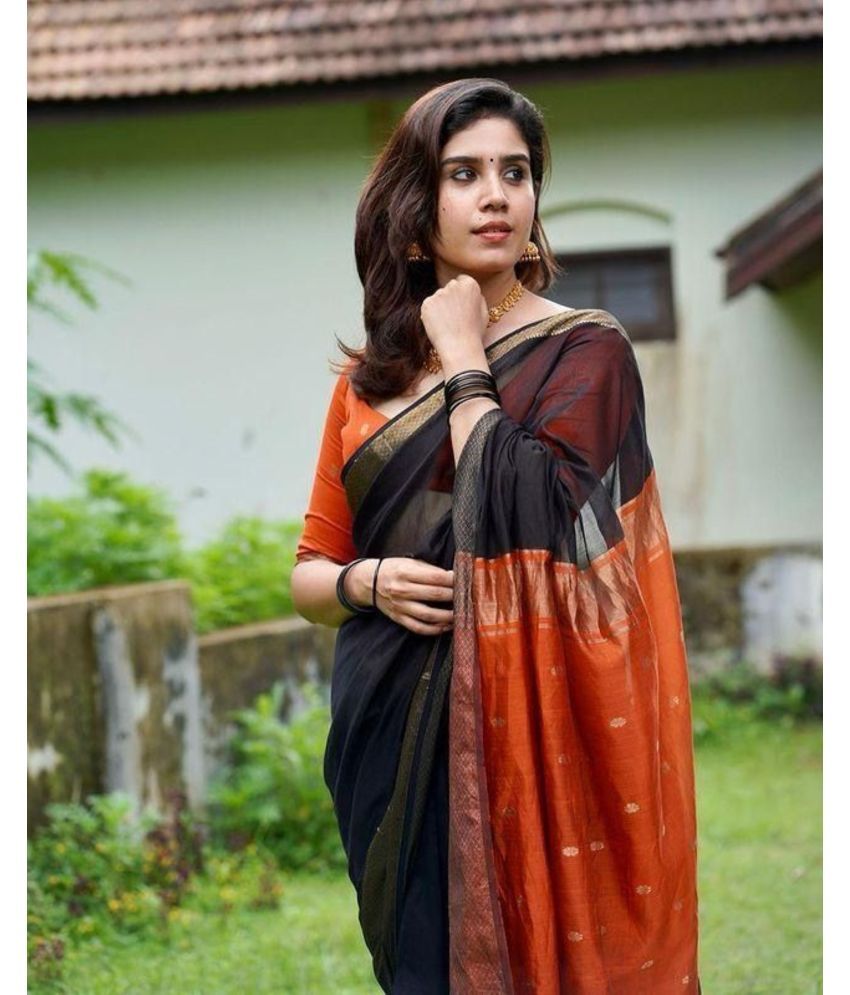     			Pheasant Pack of 1 Cotton Blend Woven Saree With Blouse Piece ( Black )