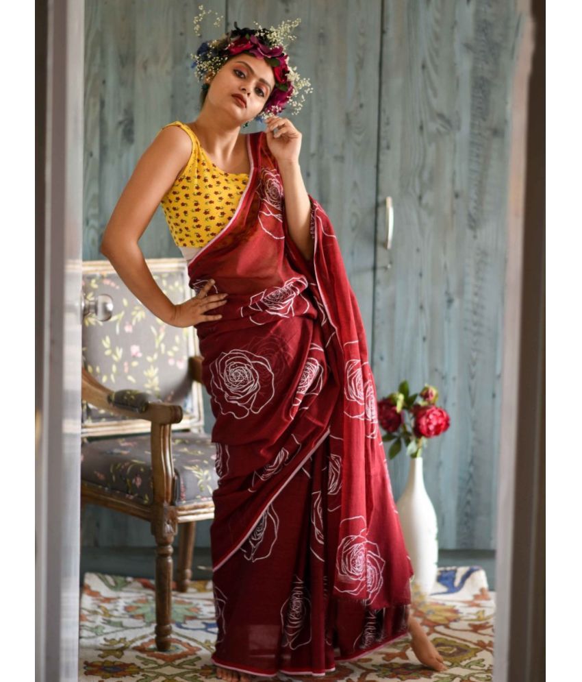     			Pheasant Pack of 1 Cotton Blend Printed Saree With Blouse Piece ( Maroon )