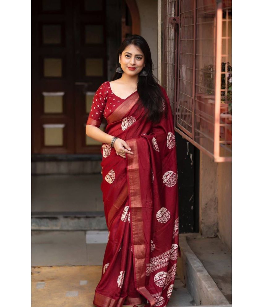     			Pheasant Pack of 1 Cotton Blend Printed Saree With Blouse Piece ( Maroon )