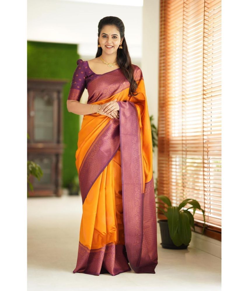     			Pheasant Pack of 1 Jacquard Applique Saree With Blouse Piece ( Orange )