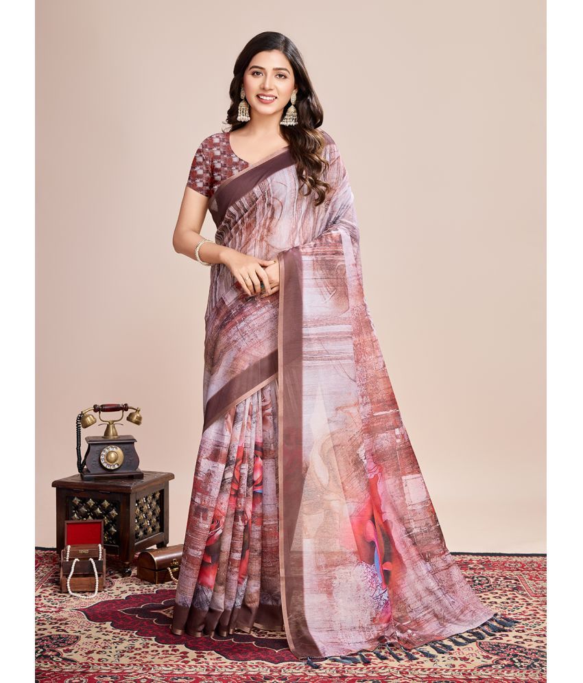     			Varni Fabrics Pack of 1 Linen Printed Saree With Blouse Piece ( Brown )