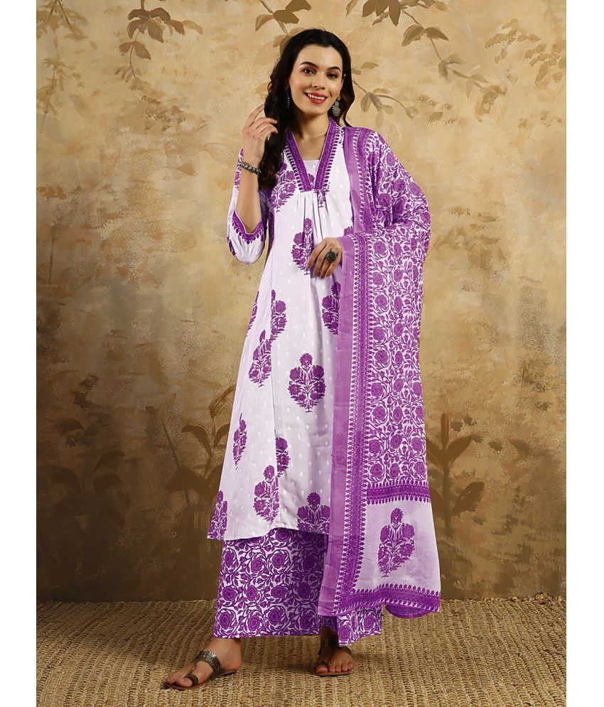     			Vividvibe Cotton Blend Printed Kurti With Palazzo Women's Stitched Salwar Suit - Purple ( Pack of 1 )