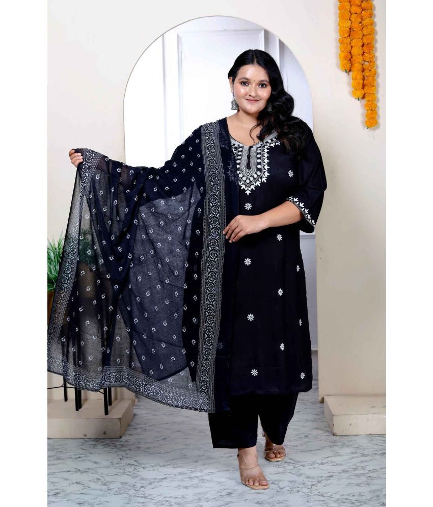     			miravan Cotton Embroidered Kurti With Palazzo Women's Stitched Salwar Suit - Black ( Pack of 1 )