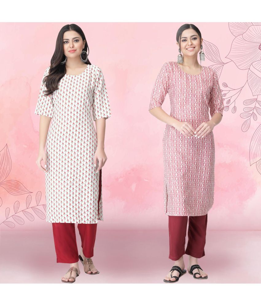     			1 Stop Fashion Crepe Printed Kurti With Pants Women's Stitched Salwar Suit - Pink ( Pack of 2 )