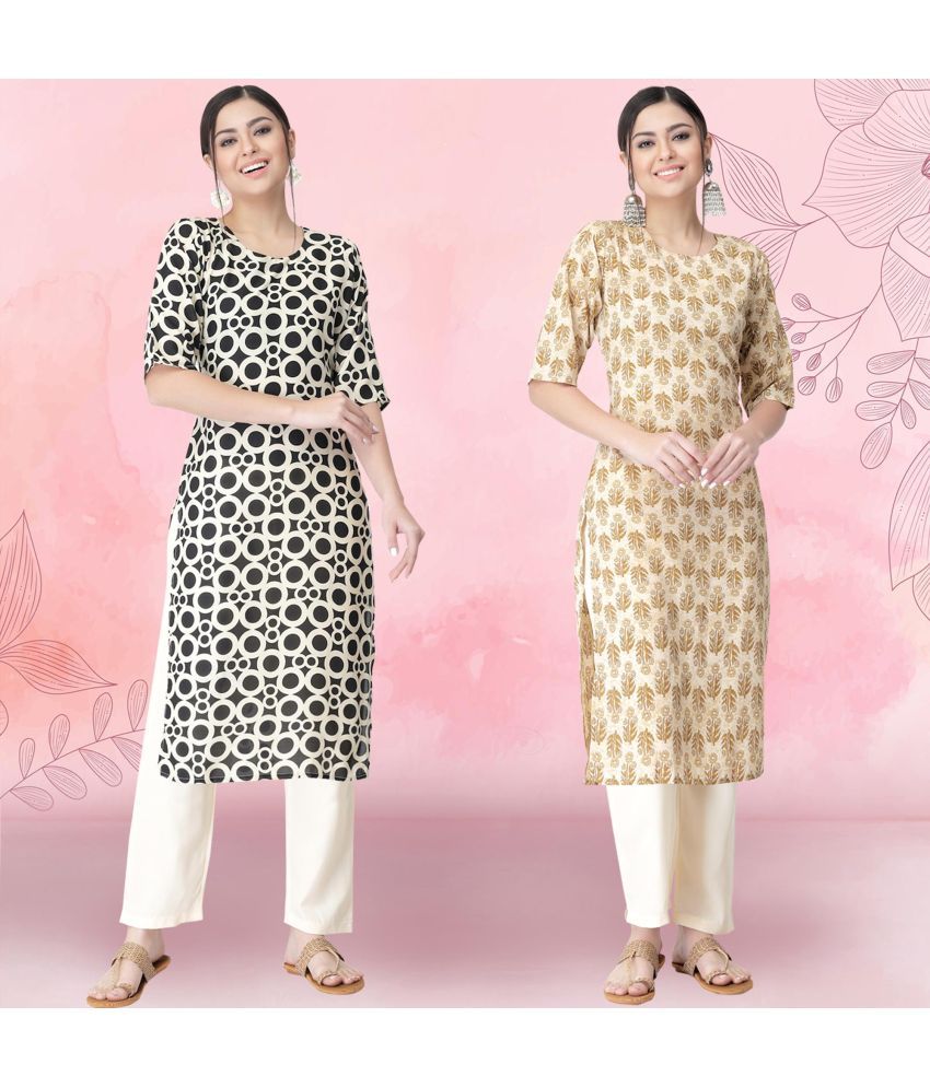     			1 Stop Fashion Crepe Printed Kurti With Pants Women's Stitched Salwar Suit - Beige ( Pack of 2 )