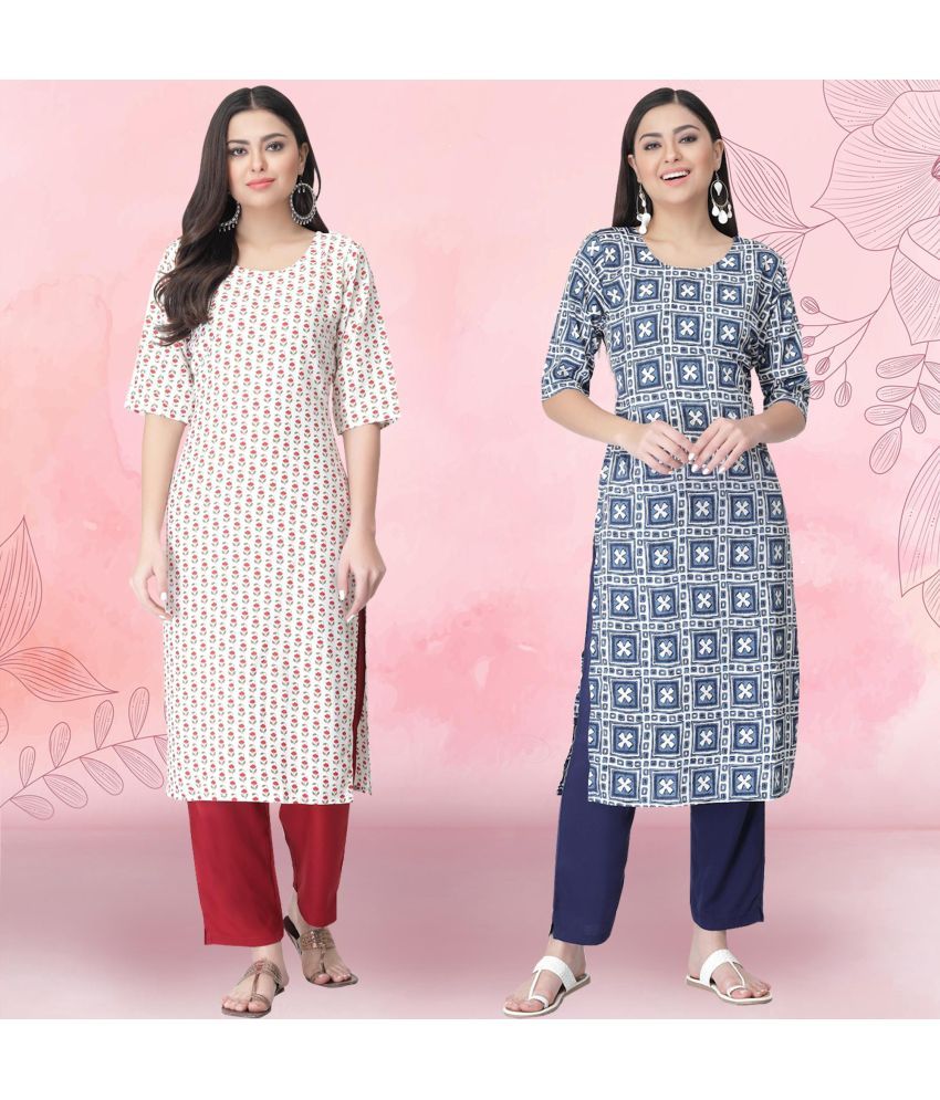     			1 Stop Fashion Crepe Printed Kurti With Pants Women's Stitched Salwar Suit - Navy Blue ( Pack of 2 )