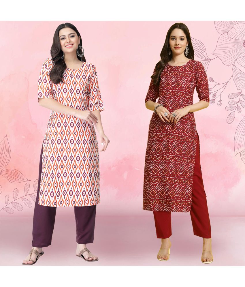     			1 Stop Fashion Crepe Printed Kurti With Pants Women's Stitched Salwar Suit - Maroon ( Pack of 2 )