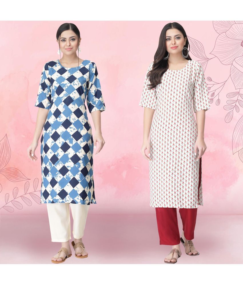     			1 Stop Fashion Crepe Printed Kurti With Pants Women's Stitched Salwar Suit - Off White ( Pack of 2 )