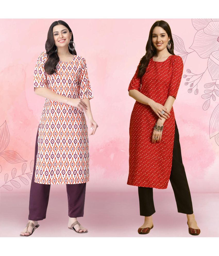     			1 Stop Fashion Crepe Printed Kurti With Pants Women's Stitched Salwar Suit - Red ( Pack of 2 )