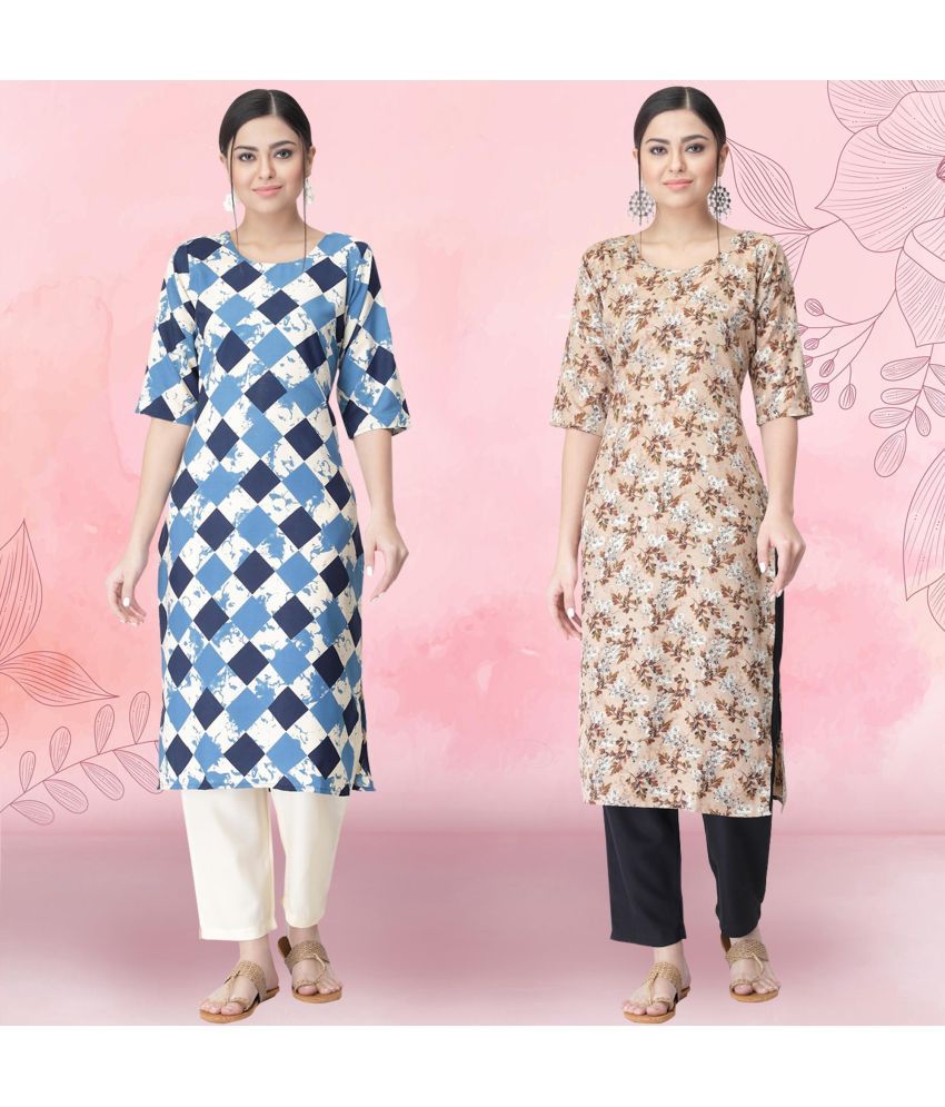     			1 Stop Fashion Crepe Printed Kurti With Pants Women's Stitched Salwar Suit - Beige ( Pack of 2 )