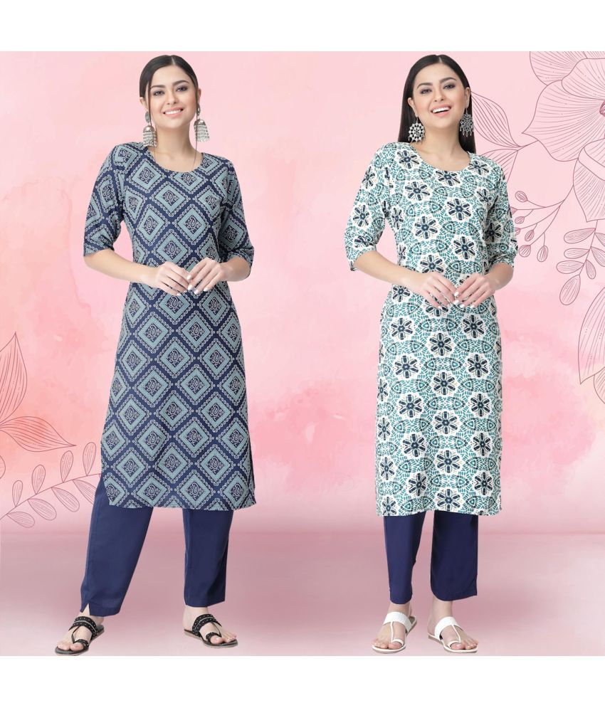     			1 Stop Fashion Crepe Printed Kurti With Pants Women's Stitched Salwar Suit - Teal ( Pack of 2 )