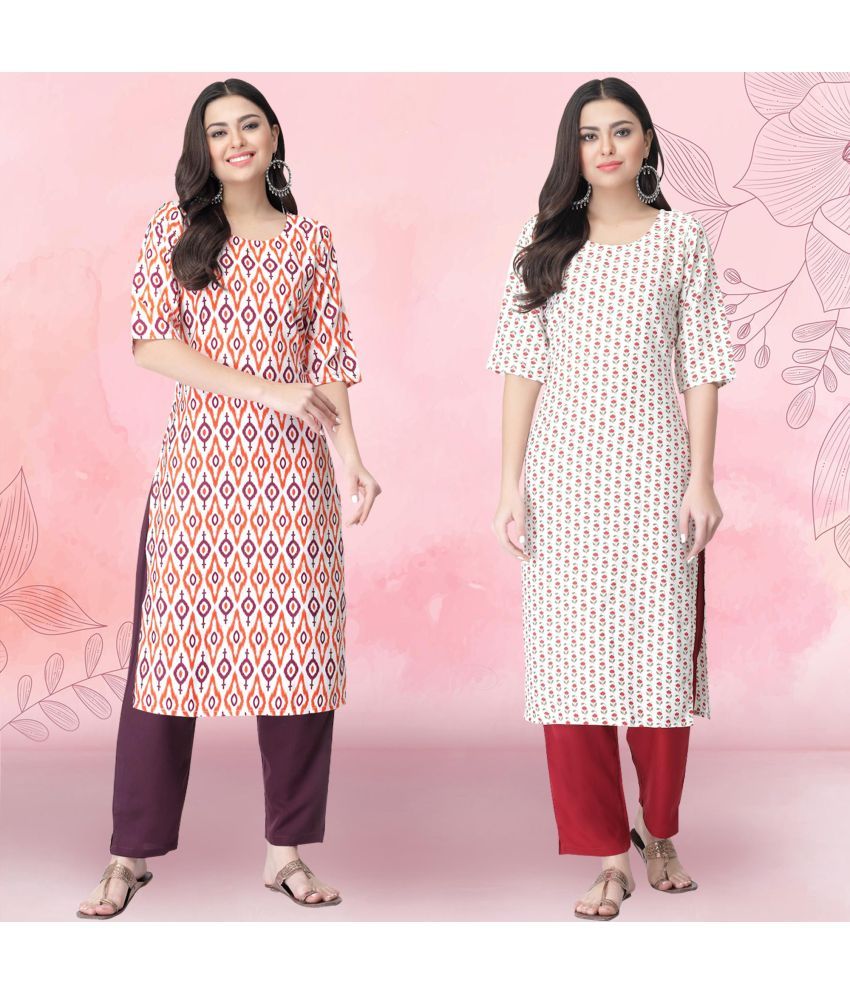     			1 Stop Fashion Crepe Printed Kurti With Pants Women's Stitched Salwar Suit - Off White ( Pack of 2 )