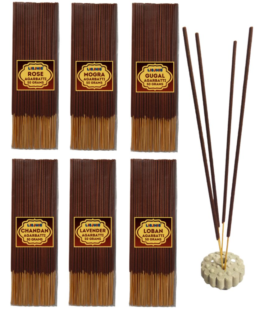     			Libjhib Incense Stick Rose,Chandan,Mogra,Lavender,Guggal,Loban 50 gm ( Pack of 6 )