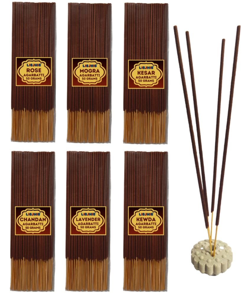     			Libjhib Incense Stick Rose,Mogra,Lavender,Kesar Chandan,Kewda 50 gm ( Pack of 6 )