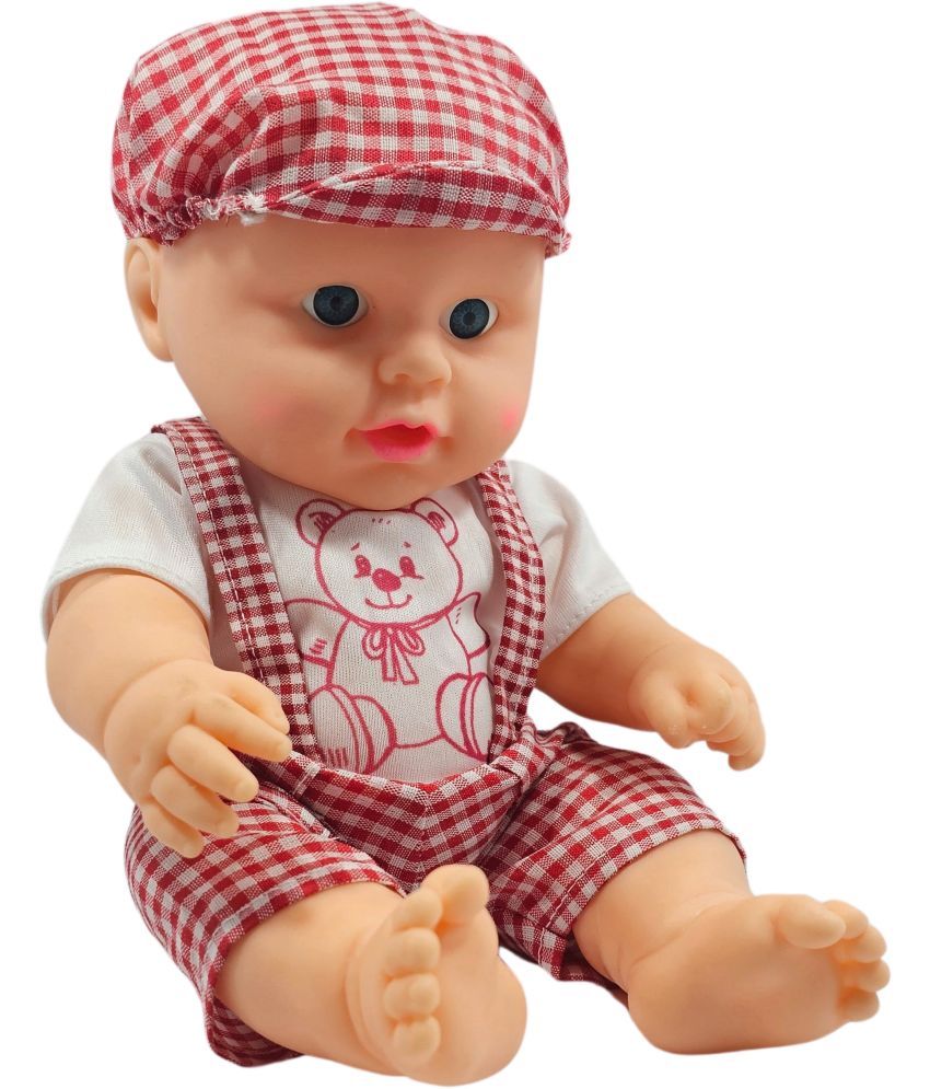     			Little Soft Feel Smiling Teddy Boy in Printed Dress Golu Baba Feeding Doll