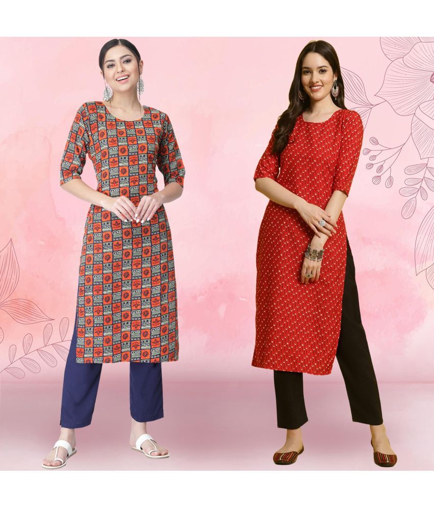     			1 Stop Fashion Crepe Printed Kurti With Pants Women's Stitched Salwar Suit - Red ( Pack of 2 )