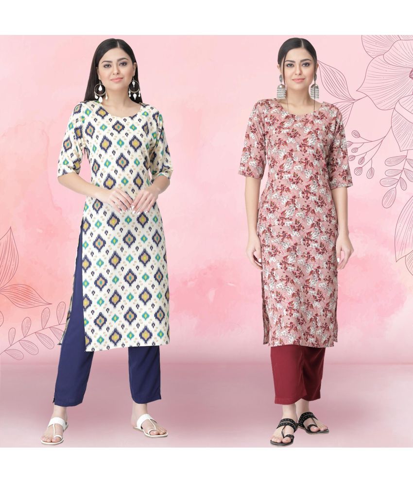     			1 Stop Fashion Crepe Printed Kurti With Pants Women's Stitched Salwar Suit - Peach ( Pack of 2 )