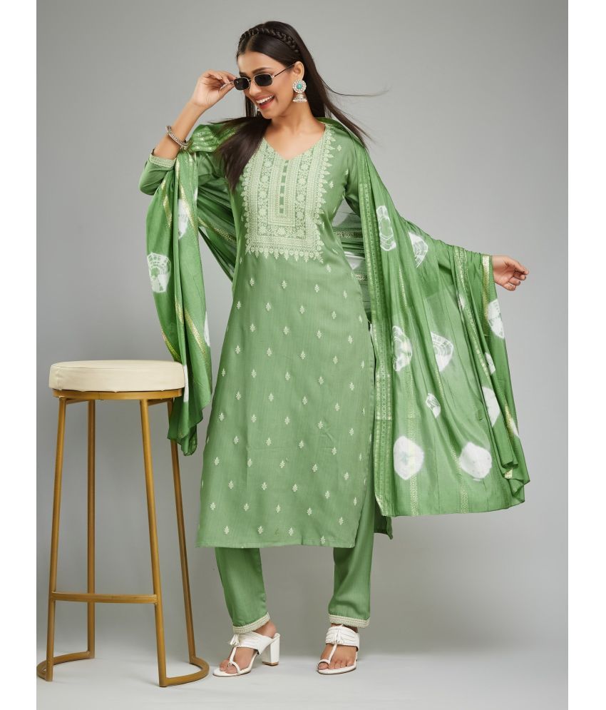     			Niza Fashion Rayon Printed Kurti With Pants Women's Stitched Salwar Suit - Green ( Pack of 1 )