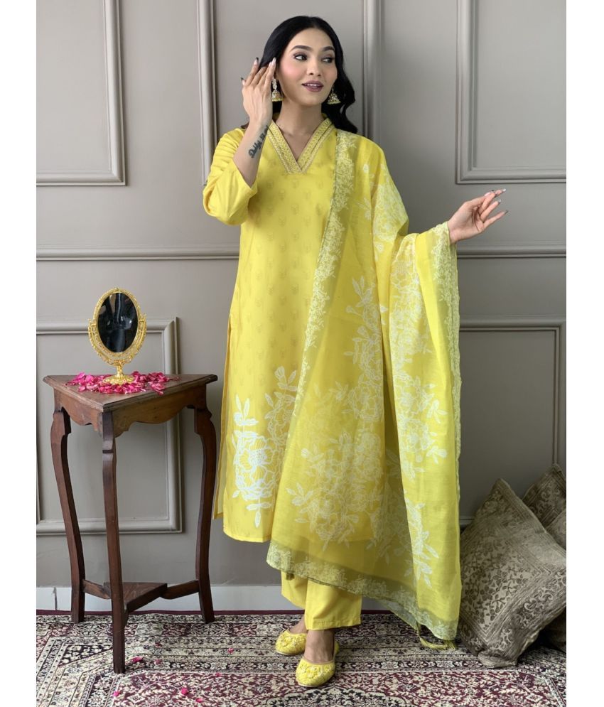     			Niza Fashion Silk Printed Kurti With Pants Women's Stitched Salwar Suit - Lemon Yellow ( Pack of 1 )