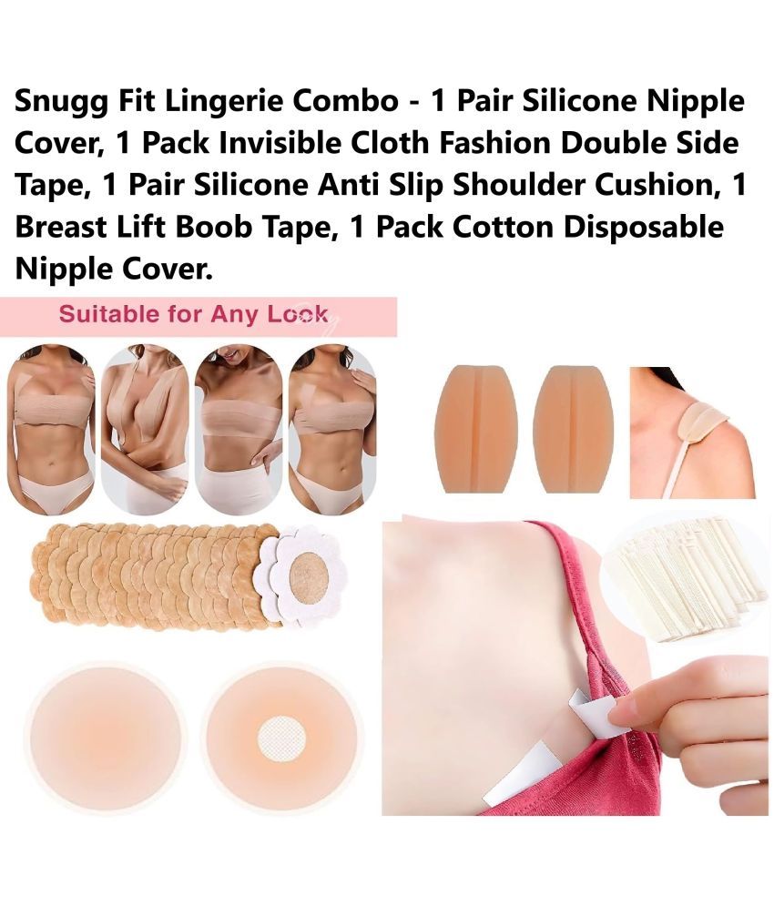     			Best Quality Cheapest Combo - Breast Lift Boob Tape, Flix 10 Times Reusable Silicone Nipple Cover, Disposable Cotton Nipple Cover, Silicone Anti Slip Shoulder Cushion & Double Side Invisible Fashion Body Tape - 1 Pack Each Item